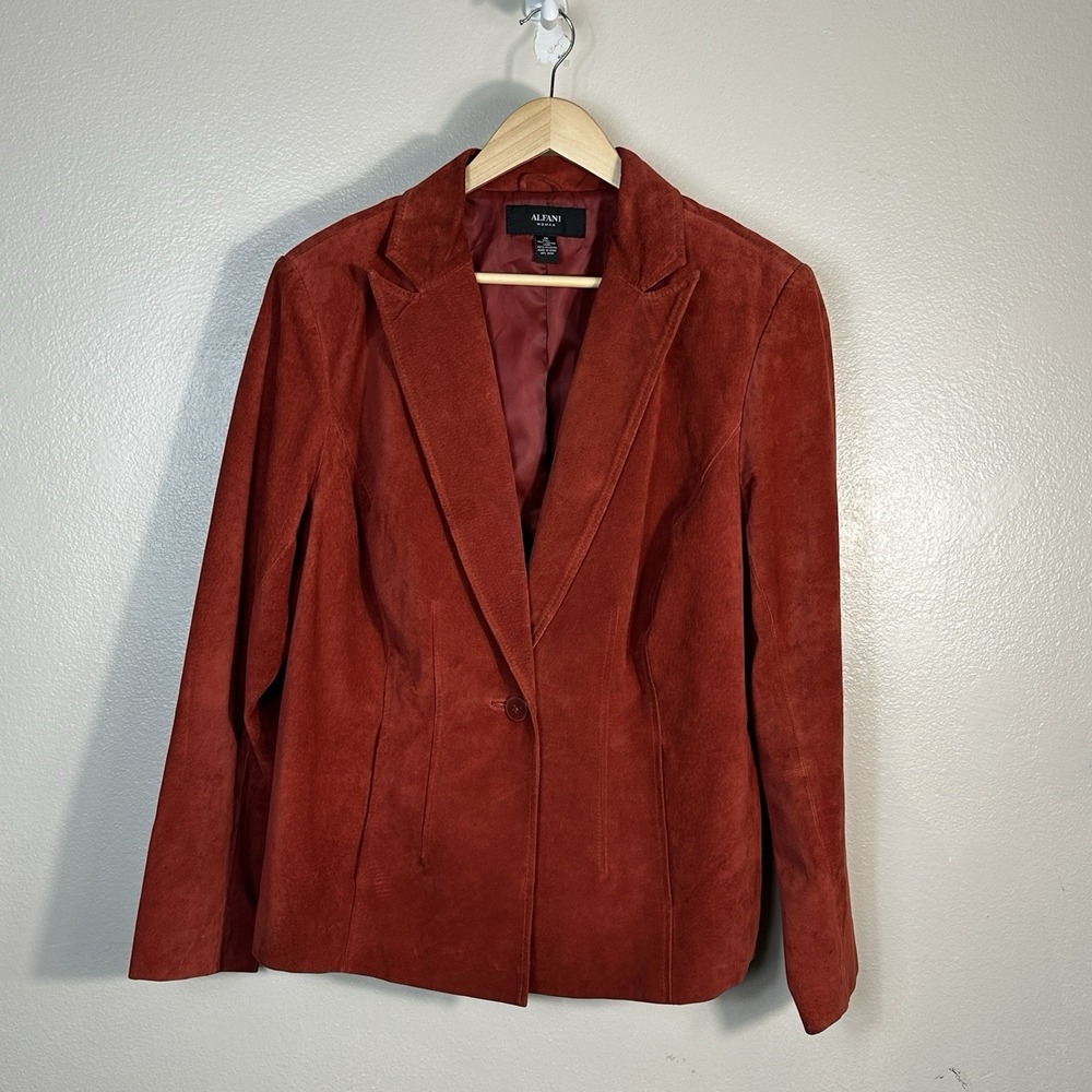 Alfani Suede Leather Jacket Womens 1X Lined Rust Red‎ Button Closure Long Sleeve